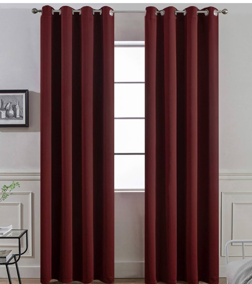 Yakamok Thermal Insulated Grommet Blackout Curtains with 2 Ties for Bedroom/Living Room, Light Blocking Curtain for Kitchen (52Wx96L, Burgundy red, 2 Panels)