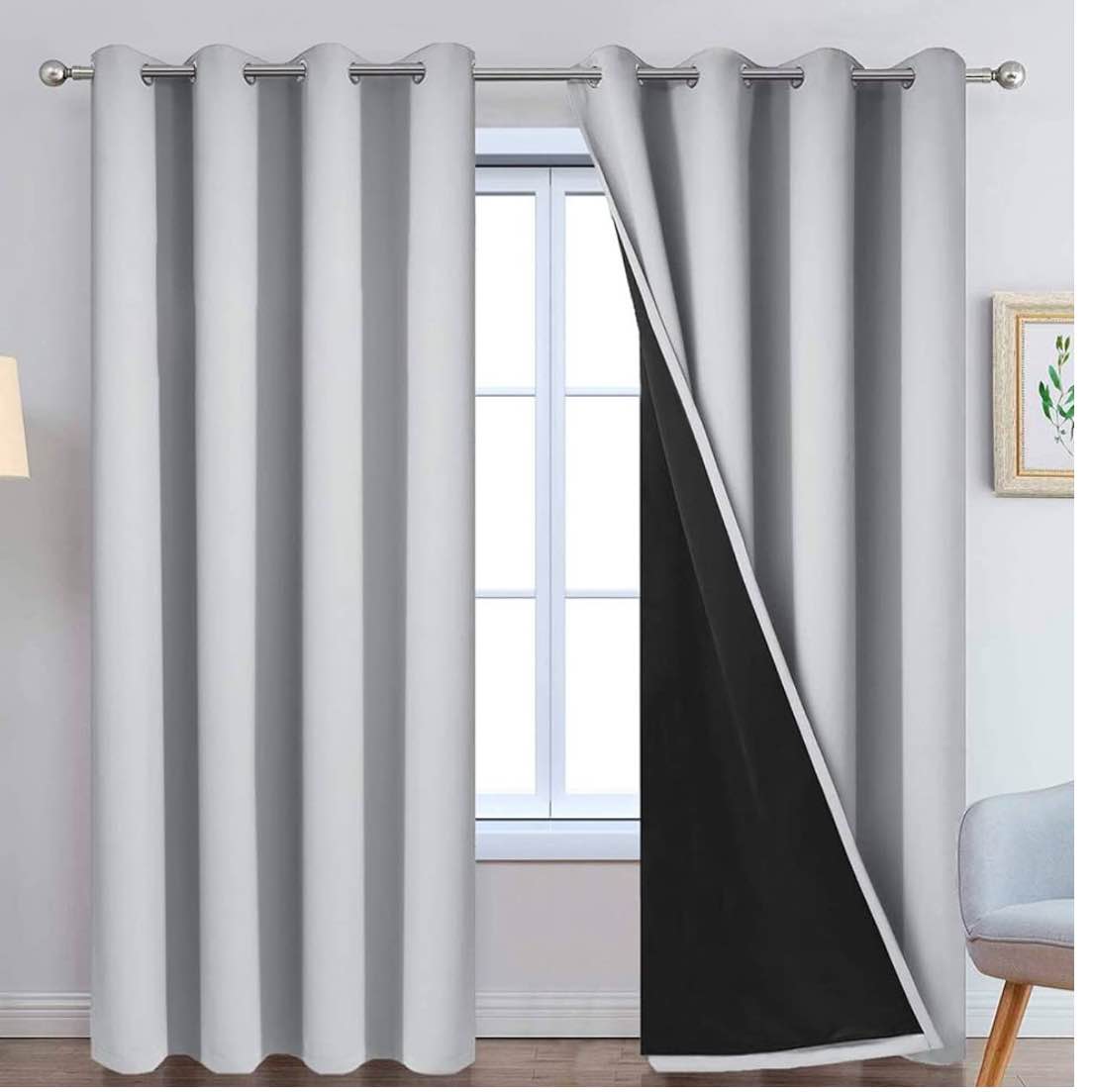 Yakamok 84 Inch Long 100% Blackout Curtains for Bedroom, 2 Thick Layers Thermal Insulated Grommet Total Blackout Drapes with Black Liner for Living Room (52Wx84L,Light Grey, 2 Panels)