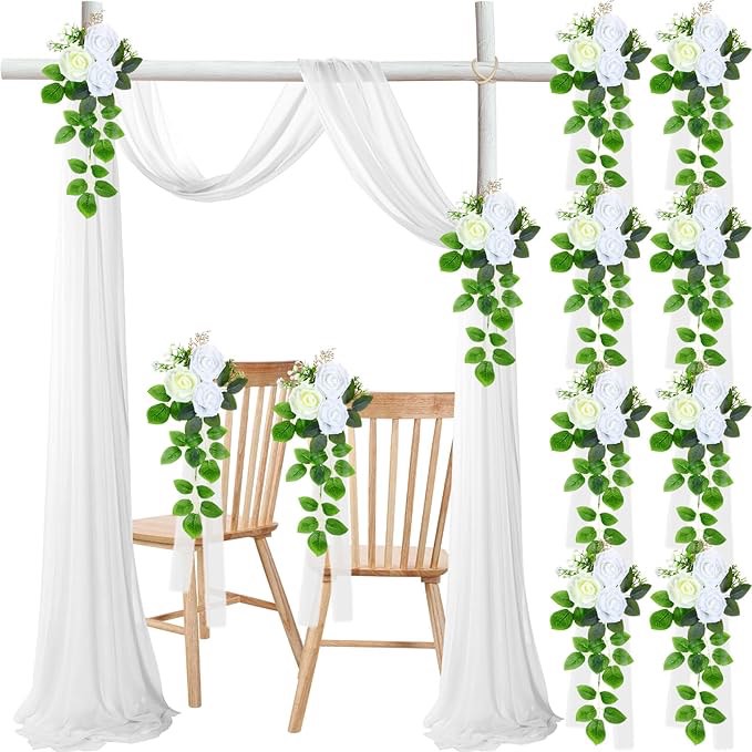 Wedding Arch Flowers Drape Kit with 8 Pcs Wedding Aisle Chair Artificial Flowers Decorations and 26Ft Shiny White Arch Draping Fabric for Wedding Ceremony