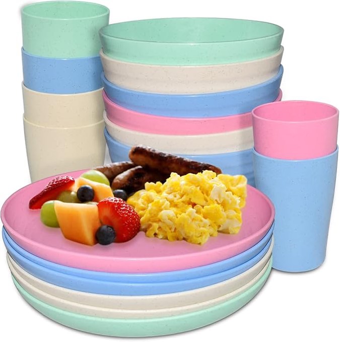 Wheat Straw Dinnerware Set of 6,18 Pieces Multicolor Reusable Lightweight Cereal Soup Rice Plates Bowls Cups and Spoons For Adults, Unbreakable Microwave Safe for Kitchen(Set of 6)