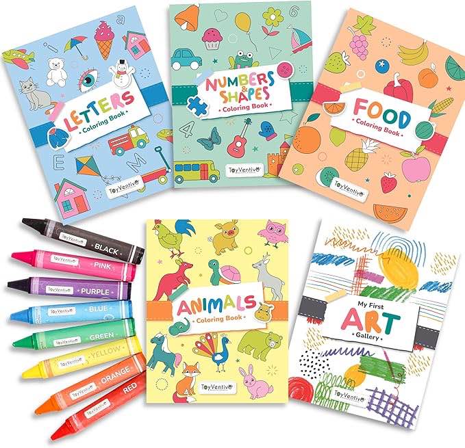 TOYVENTIVE Libros para colorear y crayones para niños pequeños, juguetes y regalos de cumpleaños para niñas de 1 +, 2, 3, 4 años, niños pequeños y preescolares de 1, dos, tres, cuatro años