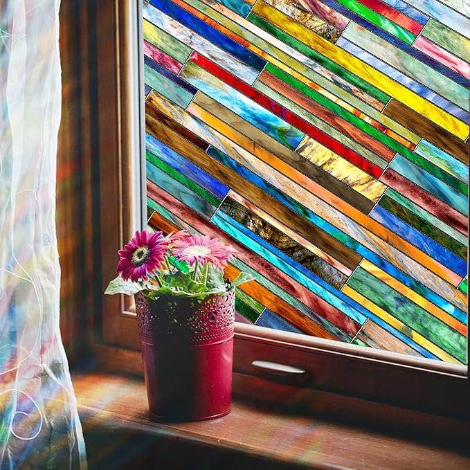 Beautsaid - Película decorativa de privacidad para ventana, vidrieras, arco iris, para baño, despegar y pegar, se adhiere a la ventana, extraíble (línea, 23.6 x 78.7 pulgadas)
