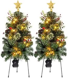 Joiedomi 2 Pack 24 inch Pre-Lit Pathway Christmas Trees with Stake,Battery Operated Christmas Trees Yard Stake Outdoor Decoration with Red Berries, Frosted Pine Cones, Star Tree Toppers
