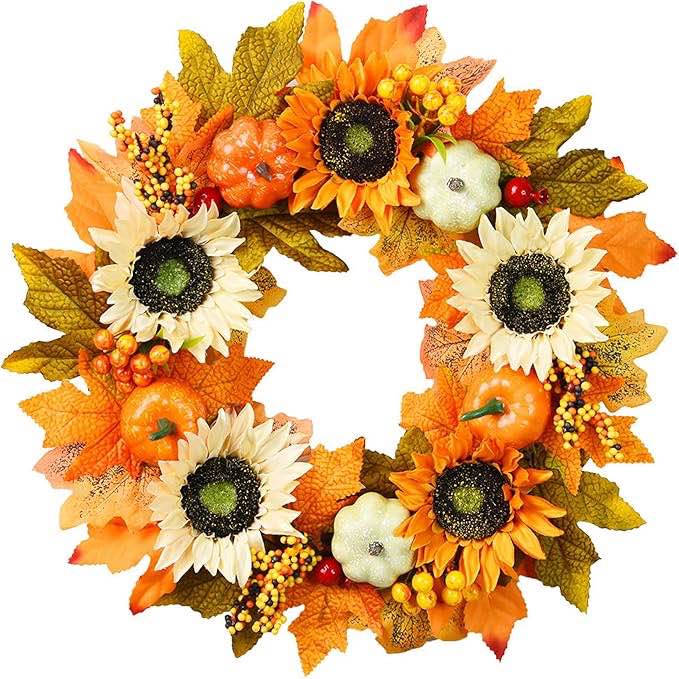 Fall Wreaths for Front Door 15 inch Sunflower Wreath with Pumpkins Maple Leaves Artificial Autumn Berry Wreath for Harvest Thanksgiving Halloween Decorations Indoor Outdoor Home Decor