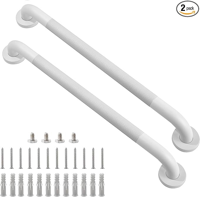 2 Pack White Grab Bar 24 Inch - 1.25” Diameter, Zepolu Stainless Steel Safety Shower Bars w/Anti-Slip Gray Rubber Grip, Bathroom Assist Handle Balance Support Bar Grab Rail for Elderly Senior handicap