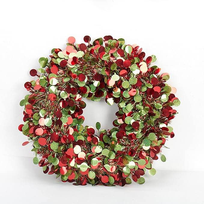 Christmas Wreath, Sequins Tinsel Christmas Wreath Battery Operated with Warm White Lights, Outdoor Indoor Christmas Decorations Lighted Wreath for Front Door Wall Decor