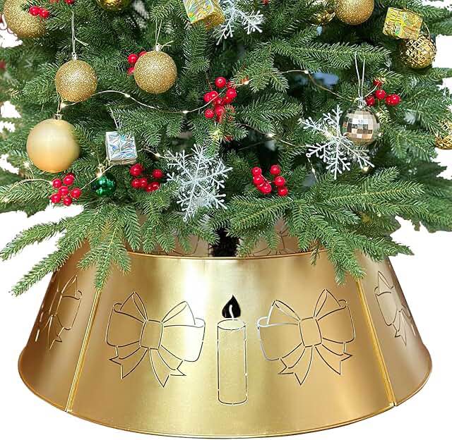 29" Gold Cutout Bow Christmas Tree Collar, Metal Christmas Tree Collars for Artificial Trees, Beautiful Metal Tree Collar for Pencil Tree Decorates Your Holiday