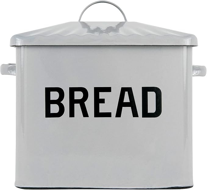 Creative Co-Op Enameled Metal Bread Box with Lid and Handles; Rustic Farmhouse Storage Décor For Kitchen, Grey