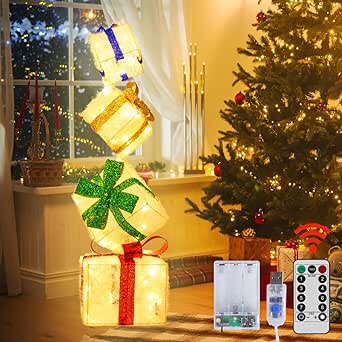 Set of 4 Color Lighted Present Boxes, Remote Pre-lit Night Light, Light up Gift Box Outdoor for Tree, Indoor, Party, Holiday, Home Decoration