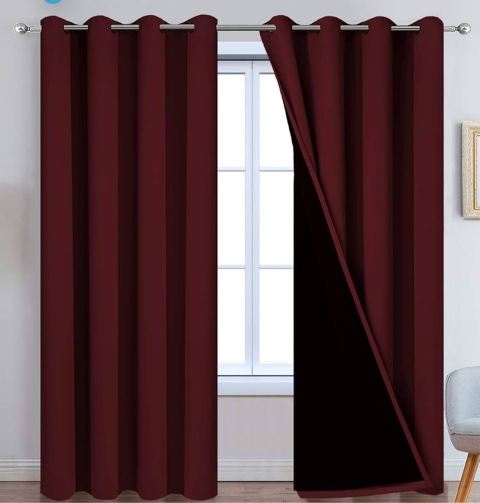 Yakamok Completely Blackout Curtains 2 Thick Layers Thermal Insulated Drapes for Bedroom, Room Darkening Panels for Living Room(52Wx96L, Burgundy Red, 2 Panels)