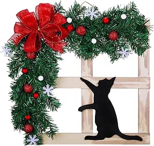 Dingion Cat Christmas Wreath for Front Door 15.7" Christmas Wreath Frame with Bow Cat Lover Gift Cute Hanging Sign for Xmas Winter Window Wall Fireplace Decor Christmas Party Decorations