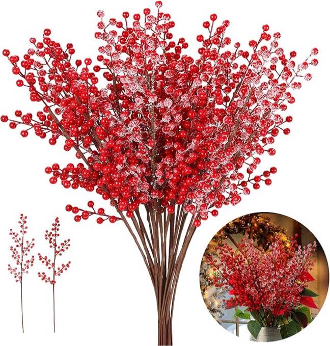Redbaker 24 Pcs 26Inch Artificial Berry Stem Christmas Long Red Berry Picks Frosted Holly Berry Branches Fake Berry Picks for Holiday Christmas Tree Home Decor and Crafts (Simple Style)