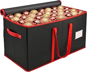 Christmas Ornament Storage Box, Mrrihand Xmas Decoration Organizer with Adjustable Dividers - Storage Container Keeps 128 Holiday Ornaments 3-Inch, Dual Zipper Closure, 600D Tear-Proof Material(Black)