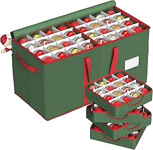 Christmas Ornament Storage Box with 8 Trays, Christmas Storage Container for 128-3'' Holiday Ornament Decorations, Large Xmas Organizer with Adjustable Dividers, Dual Zipper and Pocket (Green)