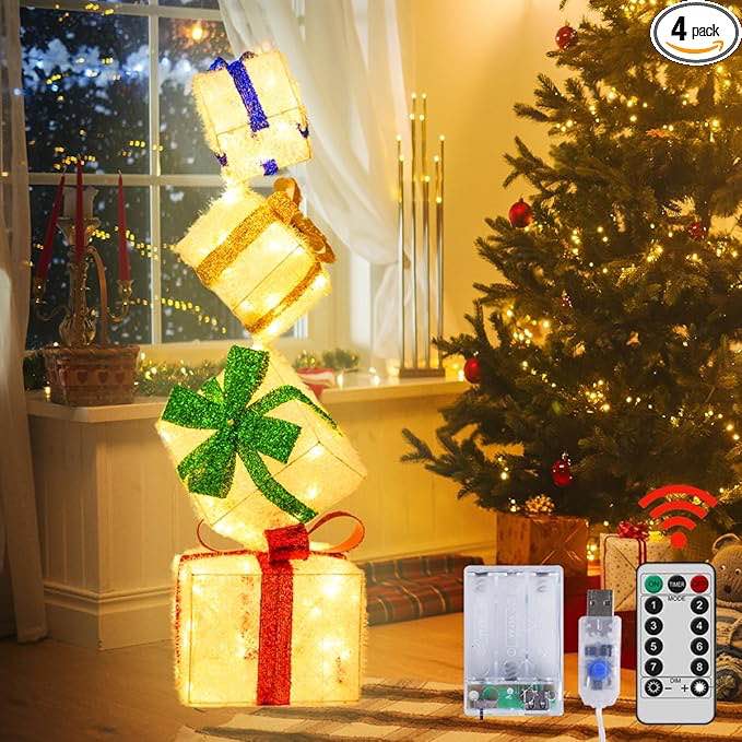 Set of 4 Color Lighted Present Boxes, Remote Pre-lit Night Light, Light up Gift Box Outdoor for Tree, Indoor, Party, Holiday, Home Decoration