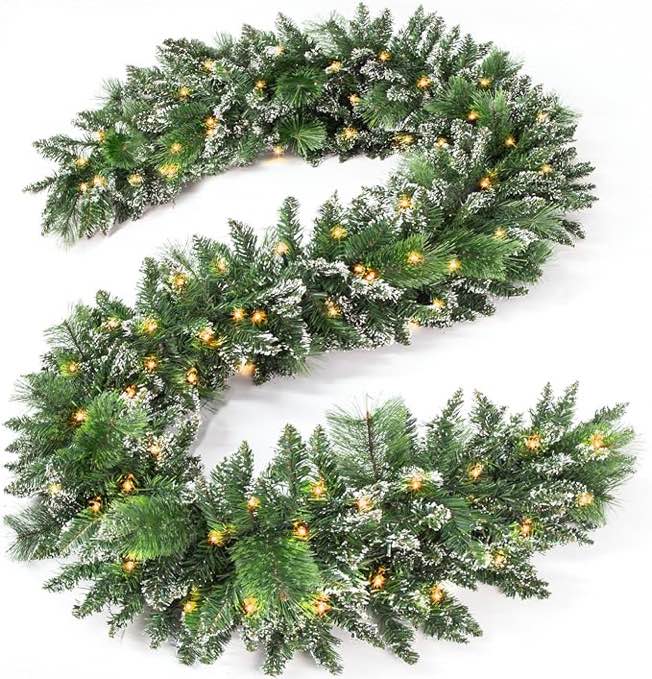 Jin&Bao 9FT Christmas Garland with Lights 100 LED Prelit Pine Needle Snow-White Branches Garland Christmas Decorations with Timer 8 Modes for Mantle Stairs Door Outdoor Decor