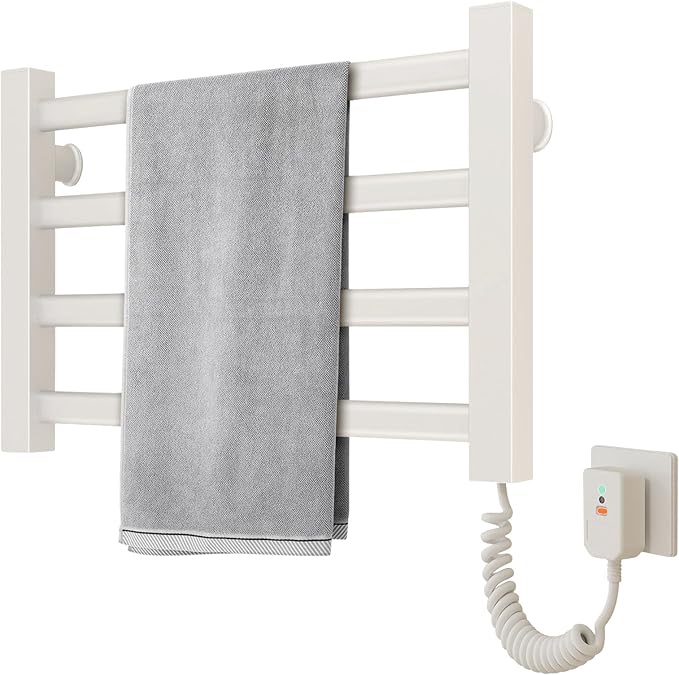 Towel Warmer Heated Towel Rack Wall Mounted Electric Towel Drying 4 Bars Aluminum Heated Racks for Bathroom, Plug-in Bath Towel Heater (17.8 x 2.5 x 11.8 inches) (White)