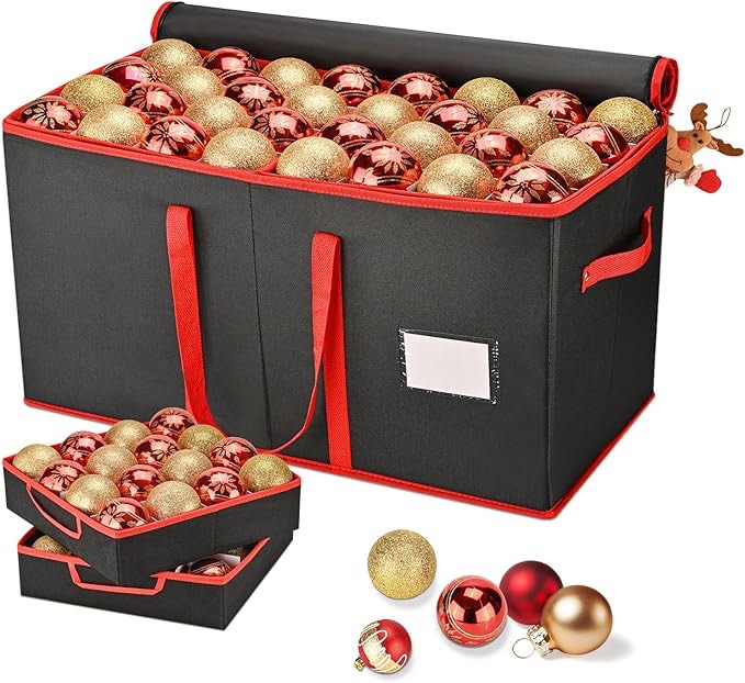 Christmas Ornament Storage Container,Box Stores Up to 128-3 inch ornaments, Adjustable Dividers, Large Organizer Bin to Protect and Store Holiday Décor - Black 128 3" Ornaments Black