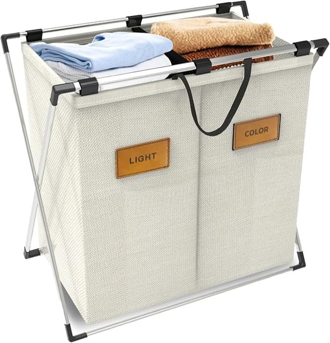 Laundry Basket 2 Section,With Customizable Labels 2 Compartment Laundry Hamper,Collapsible X Frame Laundry Sorter for Bedroom,Bathroom,Laundry Room (Beige)