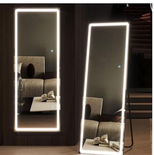 Vlsrka Full-Length Mirror with , 63" x 20" Full Body Mirror, Free Standing Floor Mirror, Wall Mounted Lighted Mirror, Dimmable Brightness - Black Frame (1 Pc)