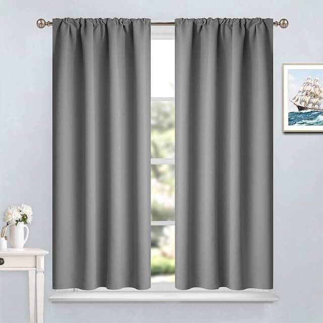 Yakamok Gray Rod Pocket Curtains Room Darkening Thermal Insulated Blackout Curtains for Bedroom, Window Treatment Drapes for Living Room, 38W x 45L Inch, Grey, 2 Panels