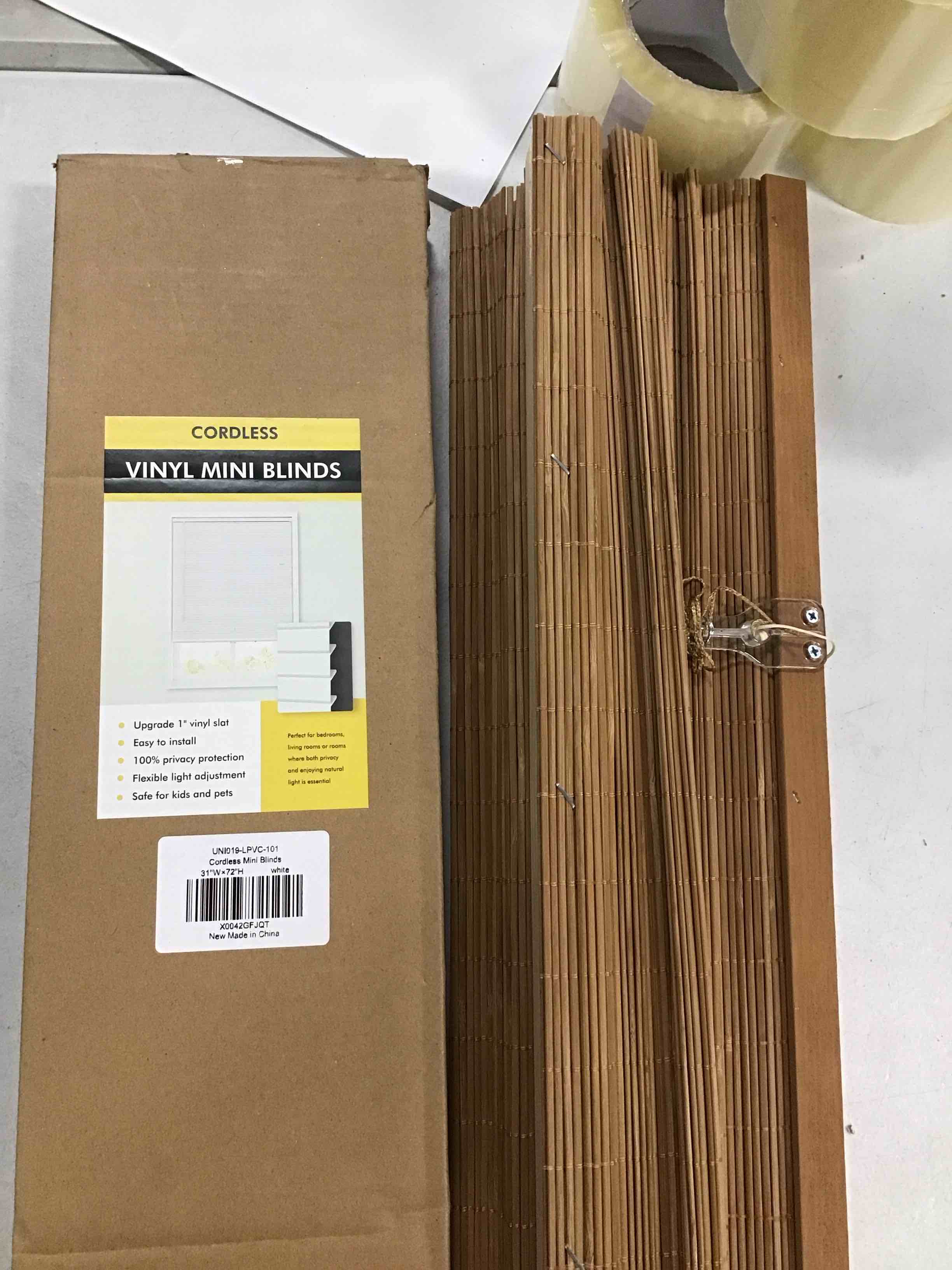 Condition photo showing As Is for Assorted Lot of Window Blinds (Standard, Cordless, Faux Wood, Roller Shades, etc.)