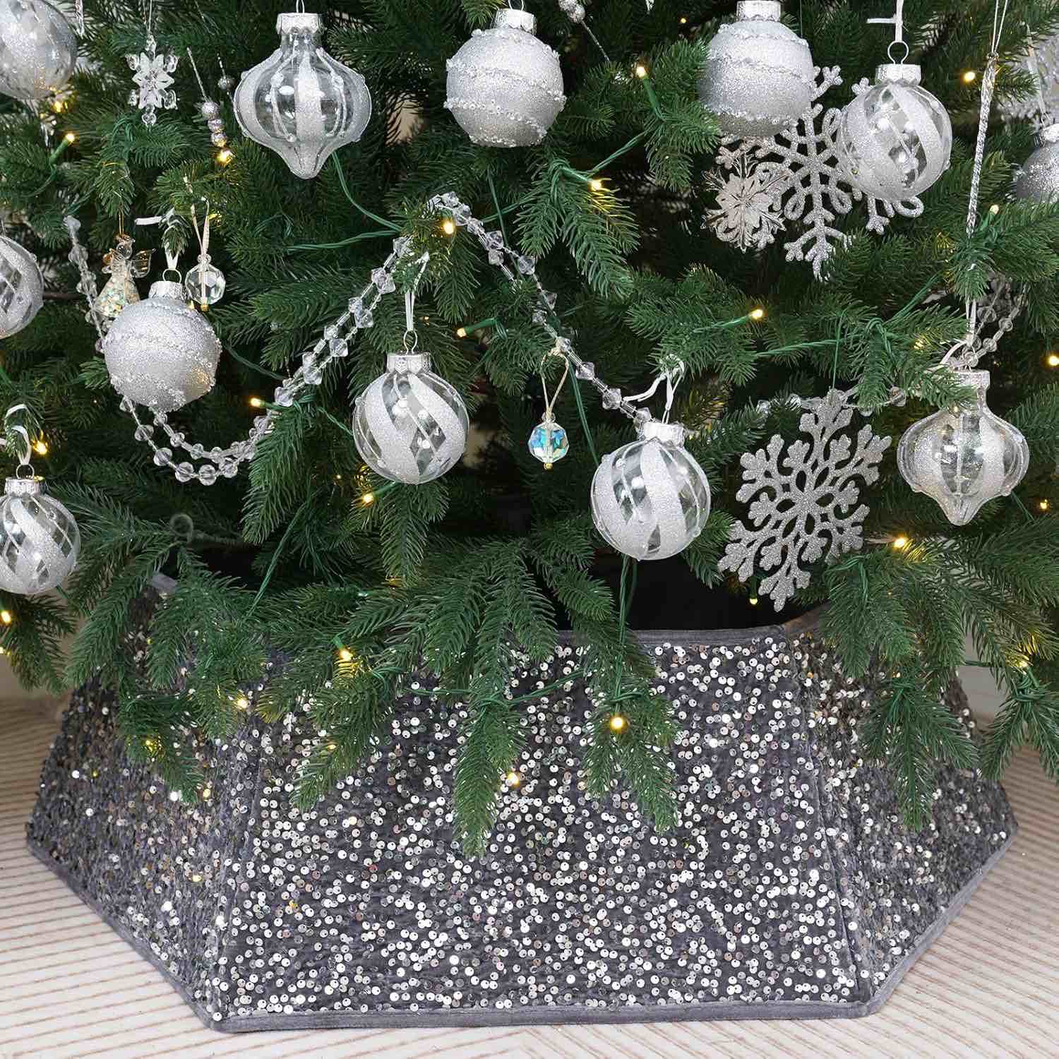 Silver Christmas Tree Collar with Sparkling Sequins,Christmas Tree Collars for Atificial Trees,33.5 Inch Christmas Tree Skirt, Xmas Tree Stand Base Cover,Holiday Home Decor Tree Ring(Large)