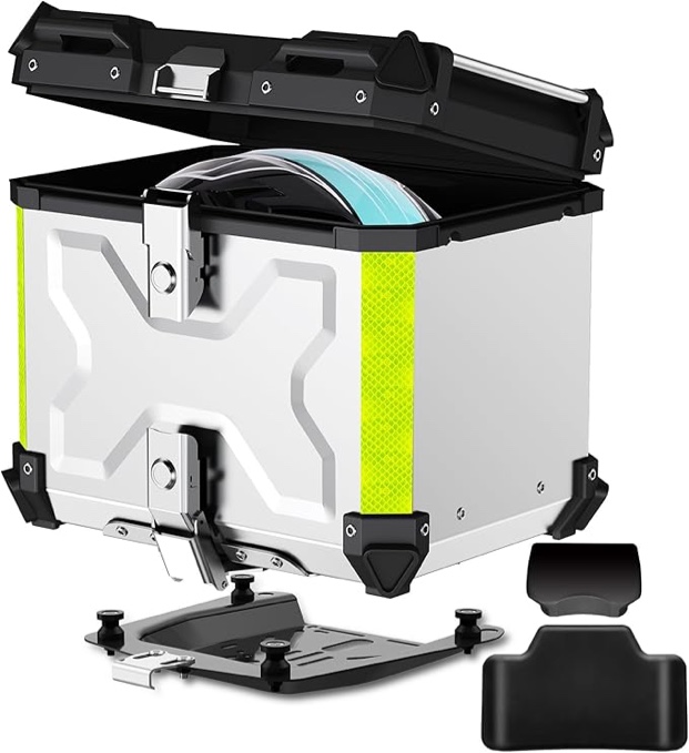 LESANM 45L Motorcycle Top Case, [Heavy Duty] Aluminum Universal Motorbike Tail Box Trunk Tour Storage with Security Lock for Helmet Luggage, Waterproof Motorcycle Top Box with Back Cushion - Silver
