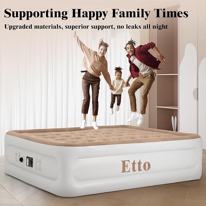 Inflatable Queen Air Mattress with Built in Pump, Elevated Durable Mattresses for Camping,Home&Guests,Fast&Easy Inflation/Deflation Airbed,Khaki Double Blow up Bed,Travel Cushion,Indoor air Bed