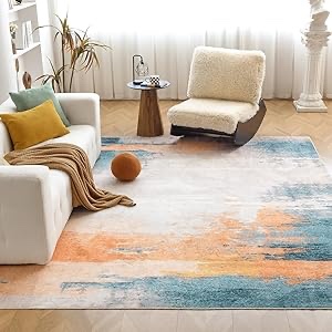 OIGAE Machine Washable Rug 6x9, Low-Pile Area Rug Non-Shedding Foldable Abstract Modern Rugs, Stain Resistant Anti Slip Backing Rugs for Living Room&Bedroom&Dining Carpet Room Decor, Gold
