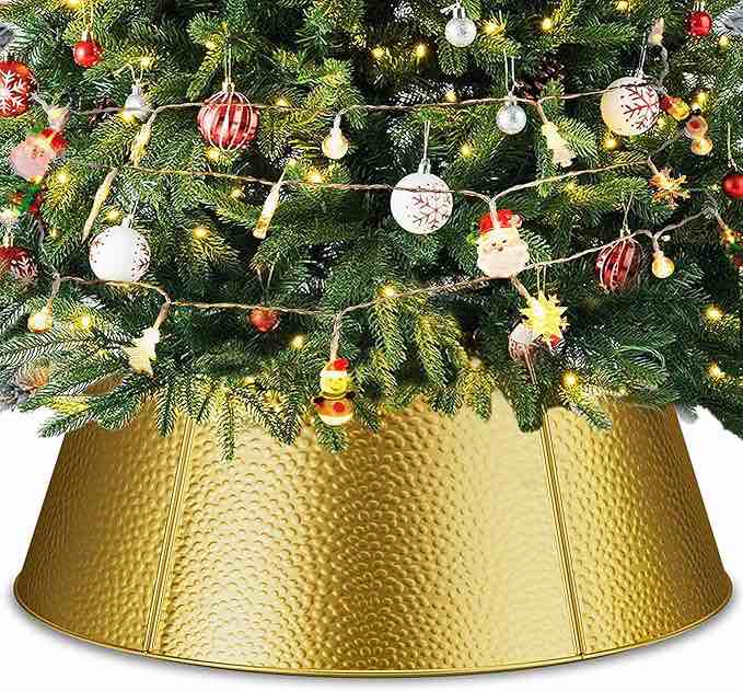 Samyoung 28" Christmas Tree Collar with 20ft 40 LED String Lights Metal Christmas Tree Collar Decoration Skirt Base Stand for Christmas Tree, Perfect for Christmas Tree Decoration - Golden
