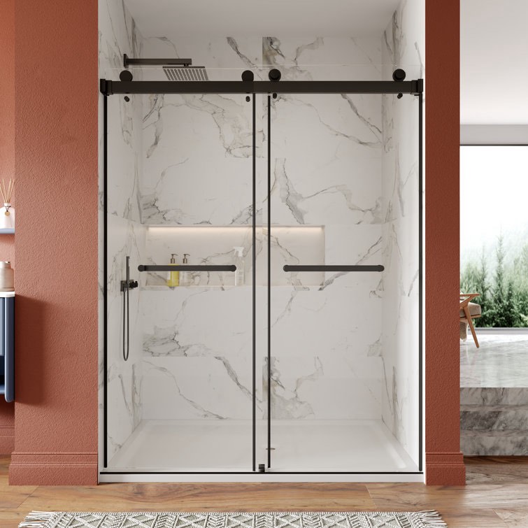 Black Concord 56" - 60" W x 76" H Double Sliding Frameless Shower Door with 10mm Tempered Glass, Stainless Steel Accessories (Part number: DV-1SD056)