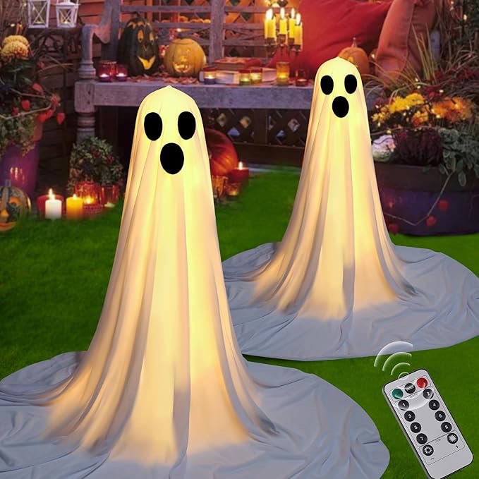 Remote Control&Timer] 2 Packs Halloween Decorations Outdoor, Halloween Ghost Decor with Light String, Cute Halloween Decorations for Front Porch Yard Indoor Outdoor