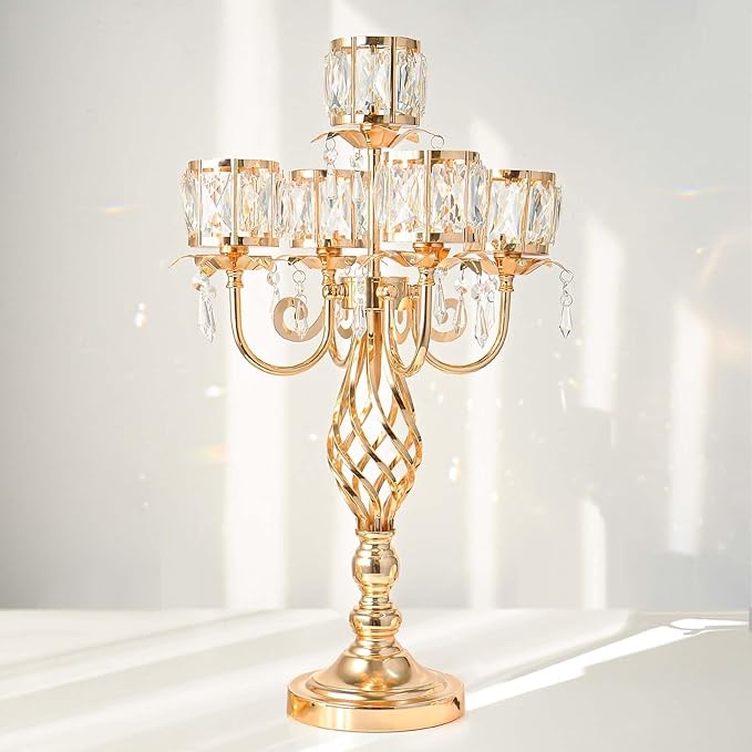 23.2 inch Tall Elegant 5 Arm Pendant Square Crystal Table Decor Candle Holder, Classic and Gorgeous Wedding/Parties Table Centerpiece 1(Gold)