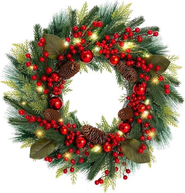 MACTING 20inch Christmas Wreaths for Front Door,8 Lighting Mode Artificial Wreath with Lights Battery Operated Indoor Outdoor Winter Christmas Wreaths with Red Berries Pine Cones and Ball Ornaments