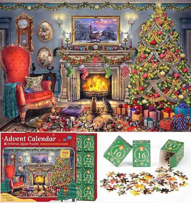 Puzzle Advent Calendar 2024 Christmas Jigsaw Puzzles - Festive Fireplace 1008 Pieces Jigsaw Puzzle 24 Days Christmas Countdown Advent Calendar Puzzle for Adults and Kids Countdown to Christmas Puzzles Gift Pack of 2 