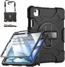Lontect for iPad Air 6th 11 Inch Case M2 2024,iPad Air 5th/4th Generation 10.9 Inch Case (2022/2020),Sturdy Heavy Duty Hybrid Protective Cover with Pencil Holder&Rotable Stand,Grass black 