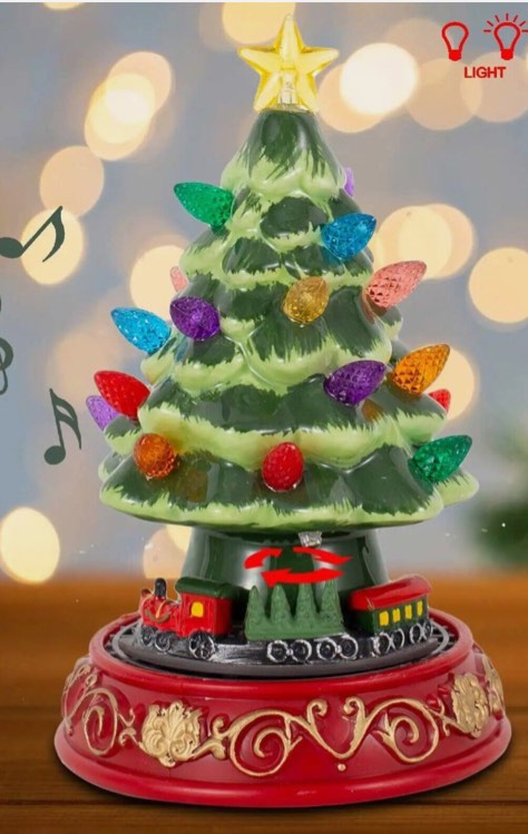 Christmas Snow Village Musical Tree with Rotating Train, Xmas Holiday Decor Gift