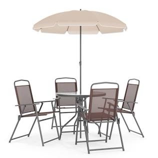 AE115 Tan Outdoor Garden Glass Table Furniture Set with Chairs & Umbrella - 6 Piece