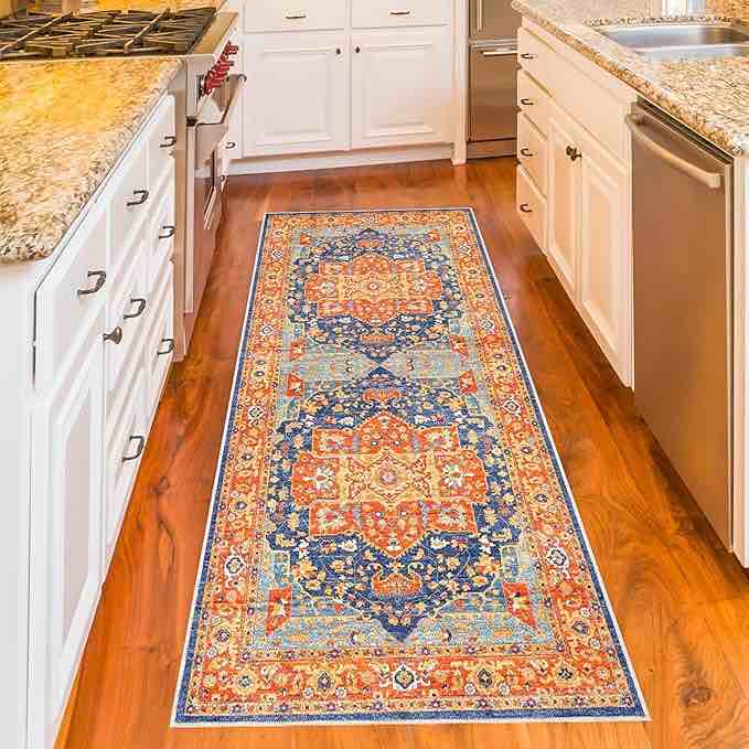 Runner Rug - 2 x 8,Orange & Blue,Boho Chic Sun Emblem Distressed Design,Non-Shedding & Soft Washable Low-Pile Floor Indoor Carpet Runner for Bedroom,Entryway,Kitchen,Laundry Room,Hallway