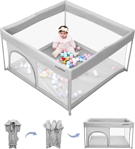 Baby Playpen for Babies and Toddlers Adjustable Height & Foldable Rail Guard Safety Child Lock Baby Fence Play Yard for Indoor and Outdoor with Breathable Mesh (59''x71'')
