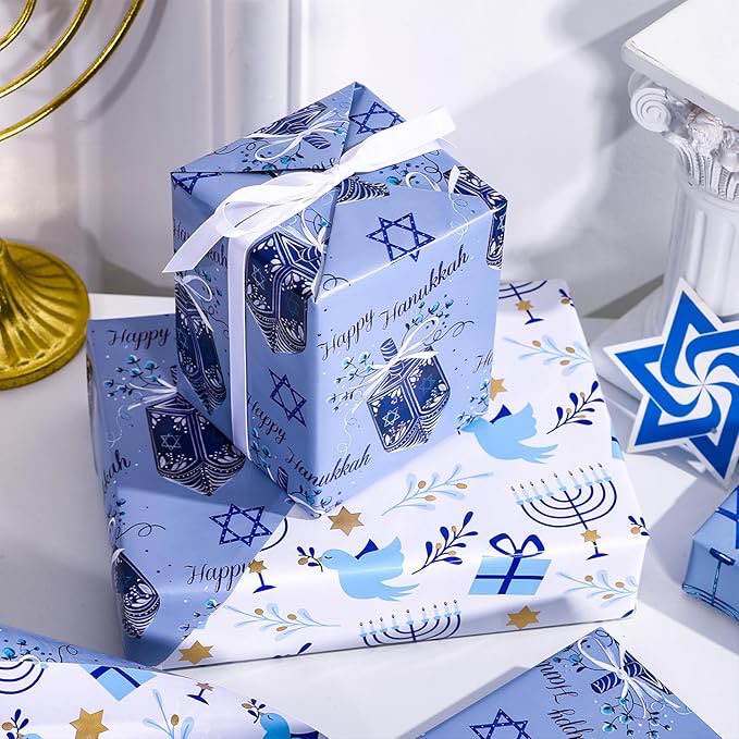WRAPAHOLIC Reversible Hanukkah Wrapping Paper - Mini Roll - 76Cm x30M  - Dreidels and Menorah Lights Design for Christmas, Hanukkah, Holiday