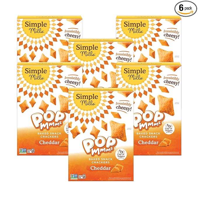 BEST BY 01/19/2025 Simple Mills Pop Mmms Veggie Flour Baked Snack Crackers, Cheddar, Nothing Artificial, Kosher, Gluten Free & Non-GMO, 4 Ounce (Pack of 6)