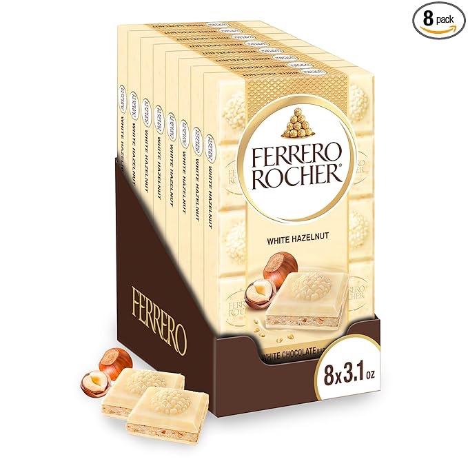 Ferrero Rocher Premium Chocolate Bars  White Chocolate Hazelnut Individually Wrapped  Holiday Chocolate  Great for Holiday Gift Baskets  3.1 oz each  8 Pack
