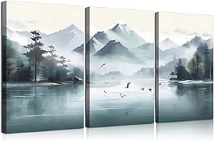(similar products)Framed 3Pcs Natural Landscape Wall Art Abstract  Mountain Canvas Pictures Posters Ink Painting Prints Misty Forest Painting Home Wall Decor for Living Room Bedroom Office 12x16in