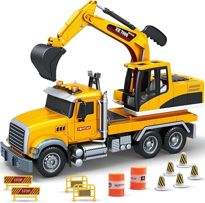 MOBIUS Toys Excavator Flatbed Truck Toy for Boys – Friction-Powered Construction Vehicle w/Flashing Lights & Sounds – Flatbed Playset for Kids Ages 3-9