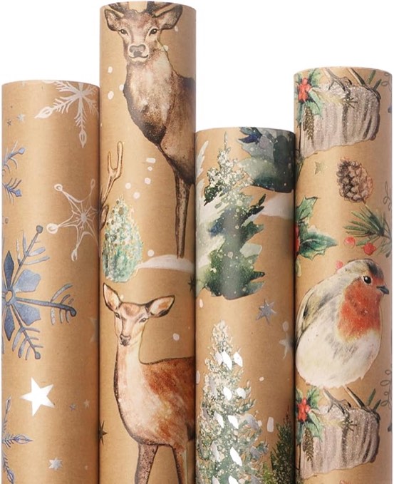 RUSPEPA Christmas Wrapping Paper, Kraft Paper - Cars, Trees and Star Style Designs - 4 Rolls - 30 inches x 10 feet per Roll