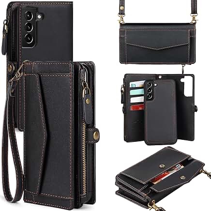 Crossbody Wallet Case Compatible with Samsung Galaxy A55 5G RFID Blocking Card Holder Soft PU Leather Magnetic Snap Shoulder Strap Zipper Pocket Phone Case Fit for Galaxy A55 6.6" - Black