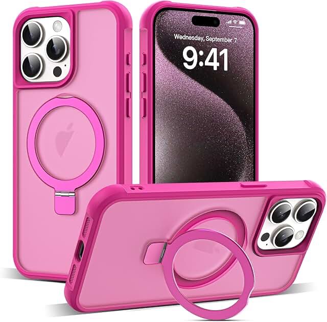 Case for iPhone 15 Pro with 360°Rotatable Magnetic Ring Stand Compatible with MagSafe Lightweight and Translucent Matte Back Shockproof Protective Case Men Women Rose