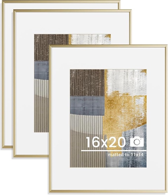 16x20 inch Metal Picture Frame - 16 x 20 Thin Aluminum Photo Frames with 11x14 Removable Mat - High Definition Plexiglass - Vertical and Horizontal Display - Wall Hook Hanging Hardware Included - Gold, Set of 3 16x20in, 3Pack Gold